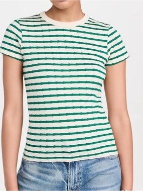 Nation LTD Green & Ivory Textured Stripe Crewneck Tee Size Small